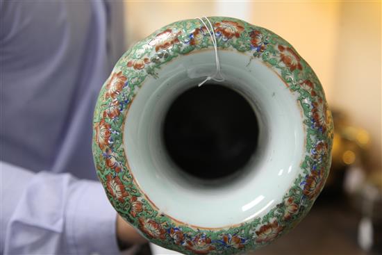 A pair of large Chinese famille rose and underglaze blue celadon ground vases, 19th century, 64cm, restoration to handles